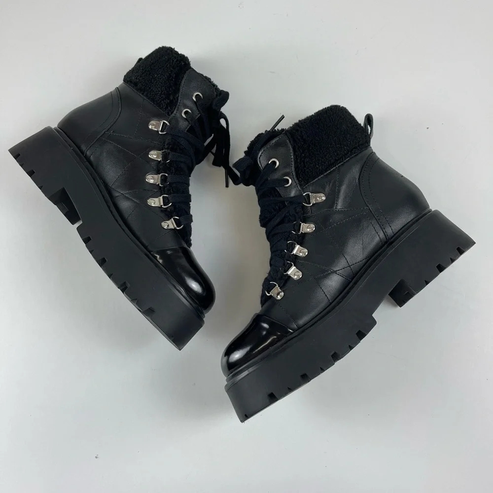 NEW Steve Madden Reyen Boots Womens 8M Black Leather Faux Fur - Picture 3 of 8